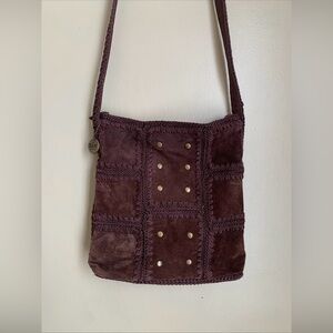 The Sak Vtg Dark Brown Suede Crochet Patchwork Purse Bag Crossbody Studs Boho